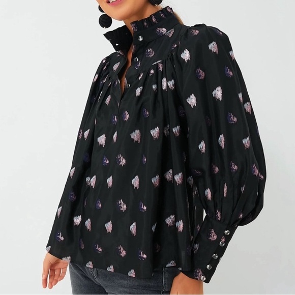 Tuckernuck Black Pink Blurred Dot Fil Coupe Corrigan Blouse Button Sleeve - Picture 1 of 10